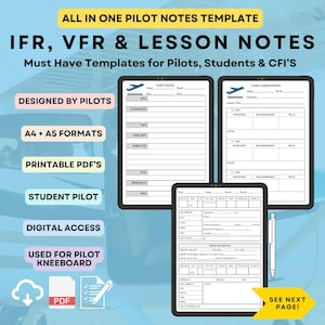 Op de afbeelding: Digitale sjabloon voor pilotennotities voor IFR, VFR en lesnotities. Inclusief A4- en A5-formaten, afdrukbare PDF's en digitale toegang. Ontworpen door piloten voor studenten en CFI's. Tekst: "ALL IN ONE PILOT NOTES TEMPLATE, IFR, VFR & LESSON NOTES".