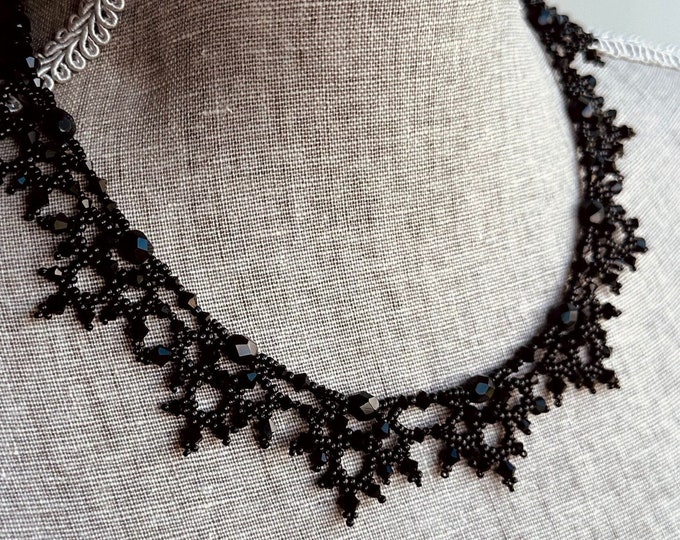 CUSTOM Necklace, Jet Black, Victorian Gothic, Handmade Swarovski Beaded Goth Wedding Dark Alternative Fantasy Jewelry Witch Vampire Cosplay