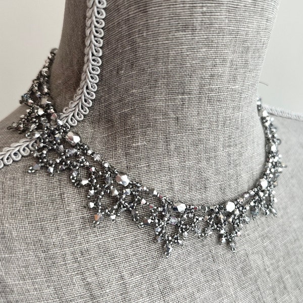 Necklace, Silver/Clear, The Victorian Handmade Swarovski Beaded Fantasy Jewelry, Metallic, Art Deco, Bridesmaid Unique Gift Cosplay Costume