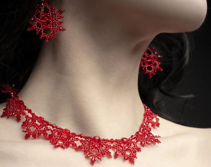 CUSTOM Set: Victorian Necklace and Earrings, Ruby Red, Valentines Day Gift Handmade Swarovski Beaded Goth Wedding Jewelry Vampire Gothic