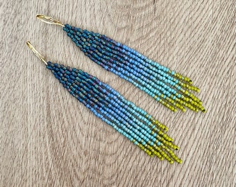 Beaded Fringe Earrings, Long Tassel Boho Jewelry in Ombre Peacock Feather Tones of Iridescent and Matte Blue and Green