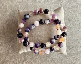 Set of 2 Stretch Stacking Bracelets, Purple Sardonyx Agate, Natural Crystal, Semi-Precious Stone, Multiple Sizes from XXS to XXL