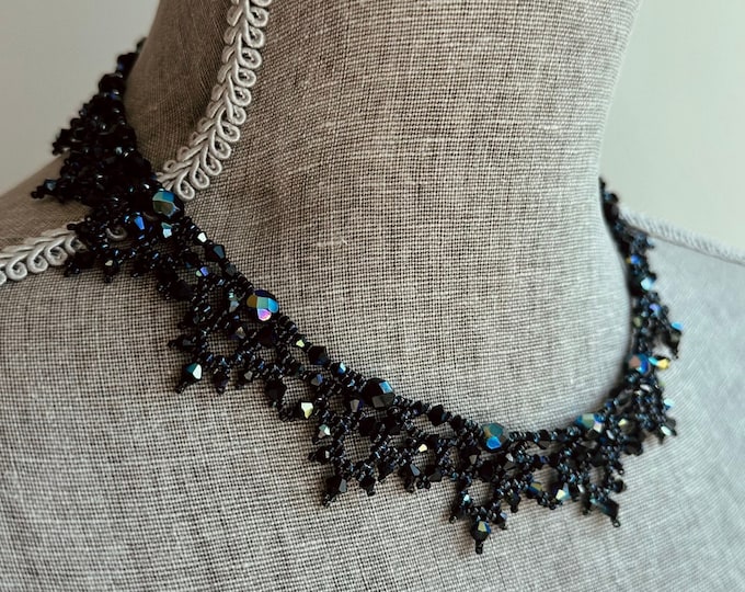CUSTOM Necklace Iridescent Black AB, The Victorian Gothic, Handmade Swarovski Beaded Goth Wedding Fairycore Vampire Fantasy Jewelry Fairy