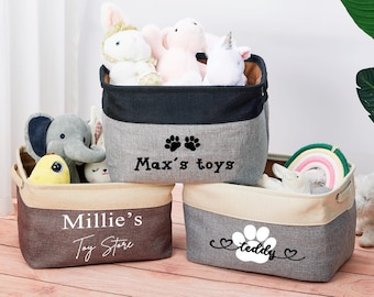 Personalized Dog Toy Basket,Custom Pet Toy Basket,Burlap Pet Toy Storage Bin,Cat Toy Basket,Custom Name Gift For Pet&Dog,Foldable Toy Basket