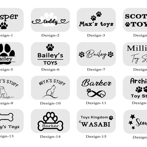 May include: A collection of 16 different designs for pet-themed labels. The designs feature paw prints, hearts, bones, stars, and text. Some of the designs include the words "Jasper", "Teddy", "Max's toys", "SCOTT'S TOYS", "Bailey", "Millie's Toy Store", "Daisy's Stuff", "MIYA'S STUFF", "Barker", "Archie's Toy Store", "Daisy's Toys", "Toys Kingdom WASABI", and "Scout".