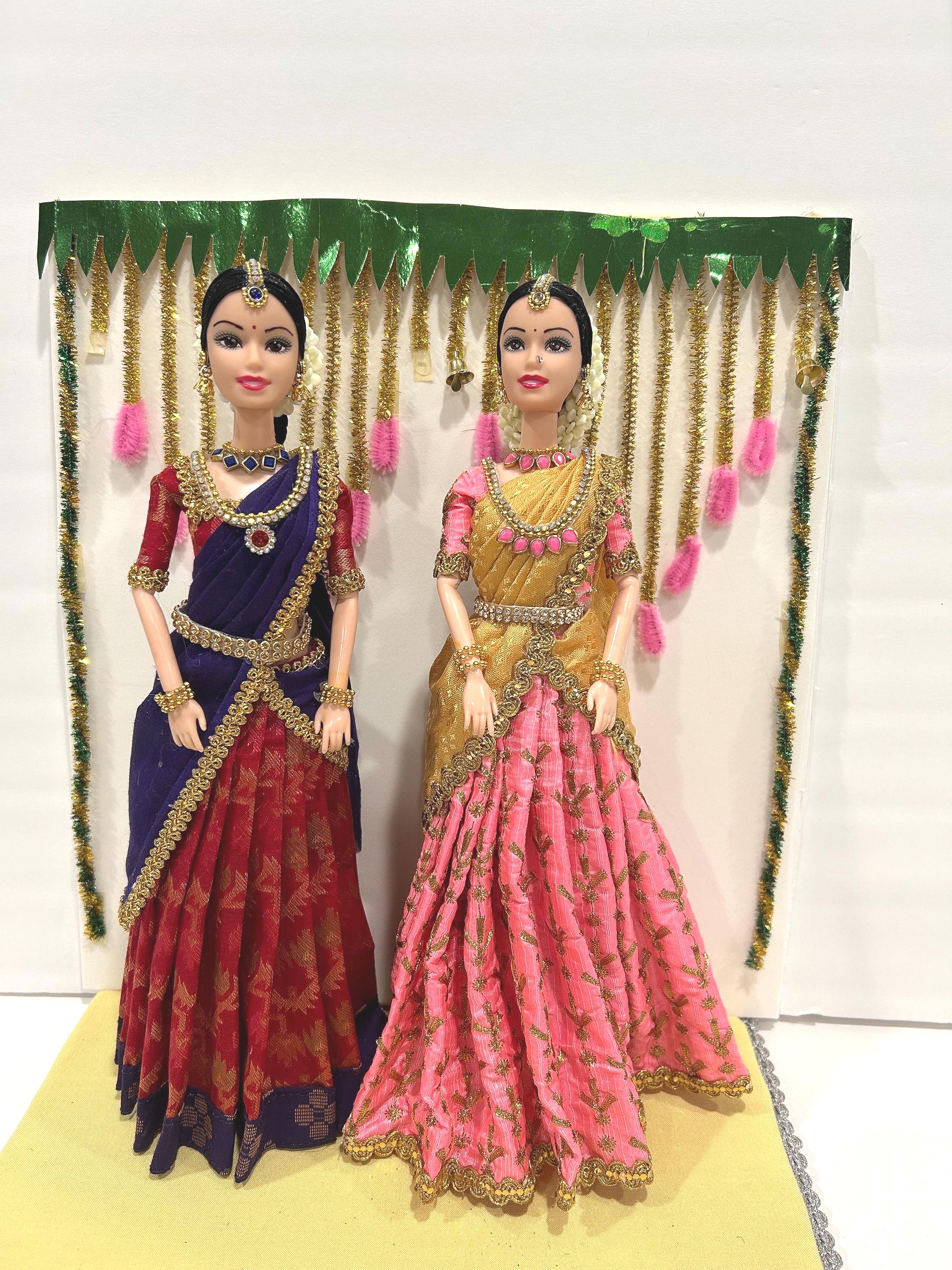 Half saree doll. Indian home decor. Return gifts doll. Indian barbie. Half saree function decor. Golu doll. Haldi platter. Mehandi decor.