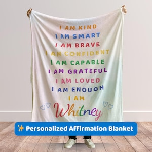 Personalized Kids Affirmation Blanket for Girls: Rainbow I Am Enough Fleece, Custom Name Snuggle Gift