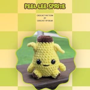 May include: A yellow and brown crochet plush toy shaped like a peeled banana with black plastic eyes and a small stitched mouth. The text PEEL LEE SPRITE CROCHET PATTERN BY CROCHET BY BEAR is displayed above the plush on a checkered background.