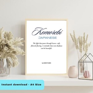 May include: A framed print with the word "Komorebi" in elegant script, with the word "Japanese" below. The text describes the beauty of light filtering through leaves. The print is displayed with decorative elements.