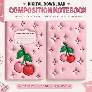 Può includere: Un quaderno di composizione in download digitale con copertina rosa a rilievo, decorato con un motivo a stelle e un'illustrazione di ciliegie. La copertina riporta la scritta COMPOSITION BOOK. Il design misura 17,5 cm per 25,4 cm.