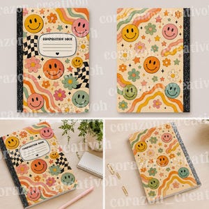 Retro Smiley Composition Book Cover | Printable Notebook Cover |Cute Aesthetic Journal Cover | Back to School Digital Download |RetroFlowers
