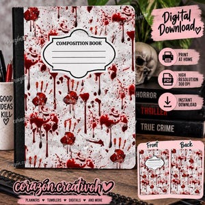 Puede incluir: Un diseño de portada para cuaderno de composición con fondo blanco, salpicaduras de sangre roja y patrones de huellas de manos. El centro incluye una etiqueta blanca con el texto COMPOSITION BOOK y líneas para escribir. Diseño en formato digital.