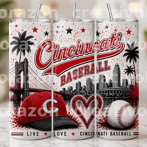 Cincinnati Baseball 20oz Skinny Tumbler Wrap PNG | Red Black Baseball Sublimation Design | Digital Download | Sports Lover Gift