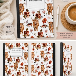 May include: A digital composition notebook cover design featuring a repeating pattern of brown Highland cattle and dark red floral elements on a white background. The cover includes a central white label with the text COMPOSITION and lines.