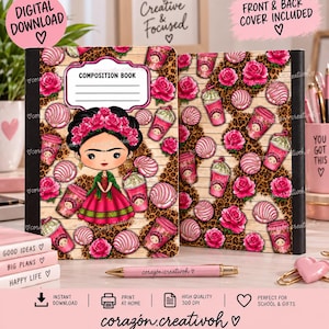 May include: A digital download composition book cover featuring a cartoon character with a floral crown, pink roses, leopard print, and pink coffee cups on a wood-grain background. The front cover includes a label with the text COMPOSITION BOOK.