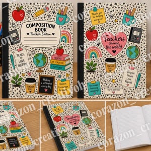 Può includere: Due quaderni con dorso nero e sfondo color crema coperto da piccole stelle nere. Le copertine presentano illustrazioni colorate di mele, mappamondi, matite, tazze di caffè e foglietti adesivi con testo come Teachers change the world.