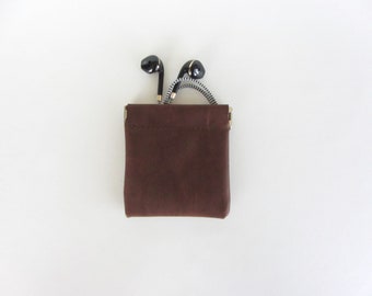 Leather Coin Pouch with Flex Frame Opening Brown Leather