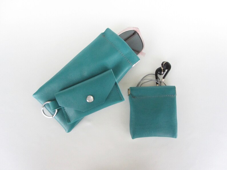 Leather Sunglass Case Eyeglass Case with Flex Frame Opening in Marine Blue and Teal Green Leather image 5