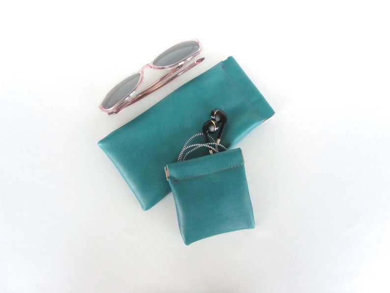 Leather Coin Pouch with Flex Frame Opening Available in Marine Blue and Teal Green Leathers image 6