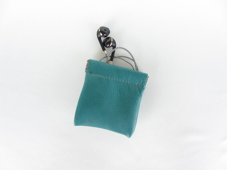 Leather Coin Pouch with Flex Frame Opening Available in Marine Blue and Teal Green Leathers Teal