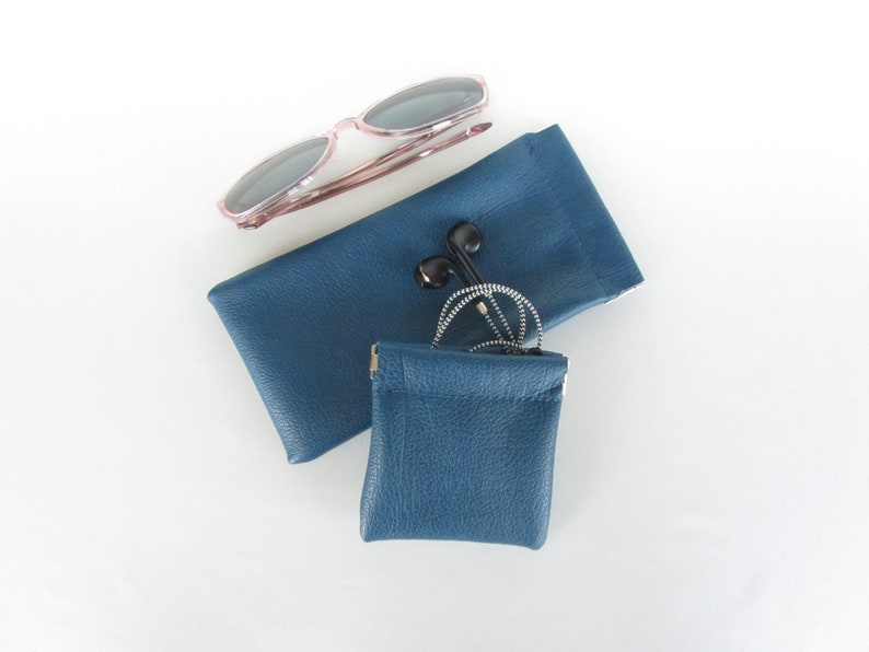 Leather Gift Set Matching Pouch Set Sunglass Pouch Pencil Case Coin Pouch Headphone Case Bundle Marine Blue