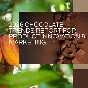May include: A report cover titled 2026 CHOCOLATE TRENDS REPORT FOR PRODUCT INNOVATION & MARKETING by Carolina Pouget. The design features a yellow-orange cacao pod on the left and dark chocolate pieces on a cocoa powder background on the right.