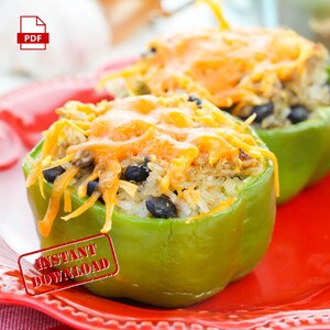 MEJOR RECETA Pimientos rellenos de frijoles negros / Plato principal / Receta de almuerzo / Receta digital / Descarga instantánea / Receta imprimible / Receta en PDF