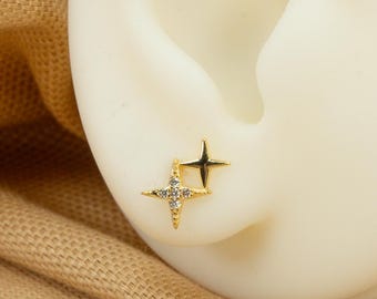 Four Point Star Stud Earrings • Small Star Studs • Paved Starlight Earrings • Twinkle Studs • Gift For Her • Gold • Sterling Silver LJ25.2