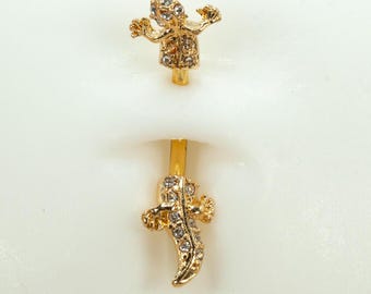 14G Gold Gecko Lizard Belly Button Ring Dangle Navel Jewelry Curved Barbell Threaded Belly Ring Belly Bar Belly Ring Waterproof LJ20.12