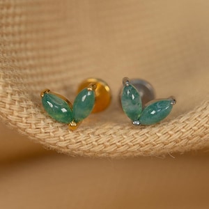16G Moss Agate Flat Back Stud - Screw Back Stud - Double Marquise Earrings - Cartilage Piercing - Helix Stud - Gold - Silver - LJ29.14