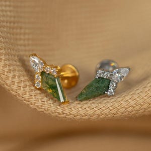 16G Moss Agate Flat Back Stud - Screw Back Stud - Rhombus Earrings - Cartilage Piercing - Helix Stud - Gold - Silver - LJ29.16