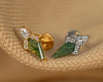 16G Moss Agate Flat Back Stud - Screw Back Stud - Rhombus Earrings - Cartilage Piercing - Helix Stud - Gold - Silver - LJ29.16