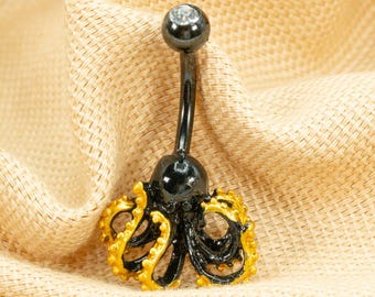 14G Gold Black Kraken Belly Button Ring Dangle Navel Jewelry Curved Barbell Threaded Belly Ring Belly Bar Belly Ring Waterproof LJ20.8