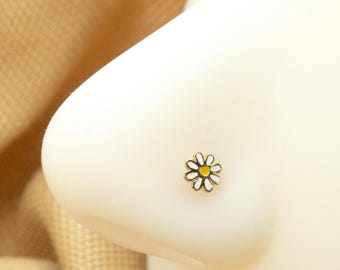 20G White Daisy Flower Nose Stud • Flower Nose Ring • Nose Piercing • L Shape • Nose Bone • Thin Nose Stud • Gold • Silver • LJ24.18
