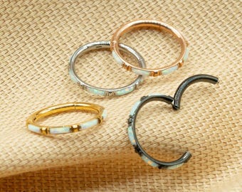16G White Opal Hoop • Titanium Clicker Hoop • Septum Ring • Conch Hoop • Cartilage Earring • Helix Piercing • Daith Hoop • LJ8.11