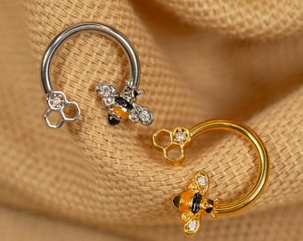 16G Bumble Bee Horseshoe Hoop • Septum Ring • Circular Barbell • Bee Septum Rings • Daith Hoop • Eyebrow Piercing • Gold • Silver LJ29.2