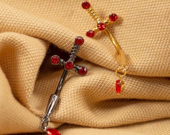14G Dagger Sword Marquise Dangle Belly Button Ring Dangle Navel Jewelry Curved Barbell Belly Ring Gold Bar Belly Ring Red Black LJ27.34