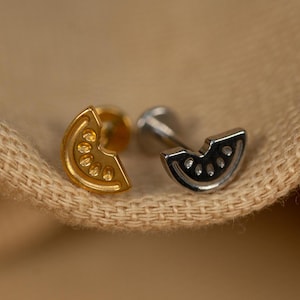 16G Watermelon Flat Back Stud - Screw Back Stud - Watermelon Earrings - Cartilage Piercing - Helix Stud - Gold - Silver - LJ29.35
