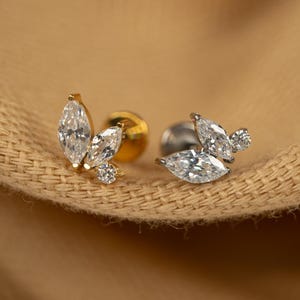 16G Marquise Leaf Flat Back Stud - Screw Back Stud - Double Teardrop Earrings - Cartilage Piercing - Helix Stud - Gold - Silver - LJ31.17