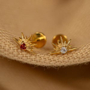 16G Starburst Flat Back Stud - Screw Back Stud - Red Sunrise Earrings - Cartilage Piercing - Helix Stud - Gold - Silver - LJ31.18