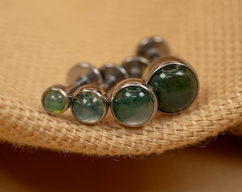 20G/18G/16G Moss Agate Natural Stone Push Pin Labret • Threadless Flat Back Earring • Tragus • Helix Stud • Cartilage • Titanium LJ28.23