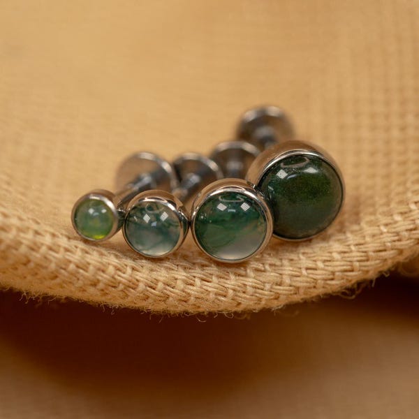 20G/18G/16G Moss Agate Natural Stone Push Pin Labret • Threadless Flat Back Earring • Tragus • Helix Stud • Cartilage • Titanium LJ28.23