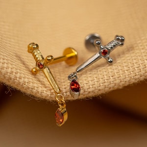 16G Dagger Dangle Sword Flat Back Stud - Screw Back Stud - Drop Earrings - Cartilage Piercing - Helix Stud - Gold - Silver - LJ28.4