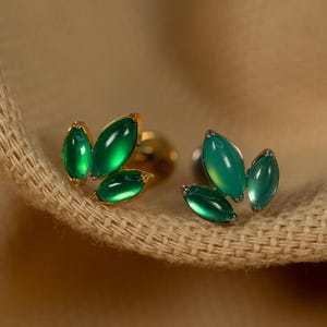 16G Green Marquise Stones Flat Back Stud - Screw Back Stud - Leaf Earrings - Cartilage Piercing - Helix Stud - Gold - Silver - LJ30.2