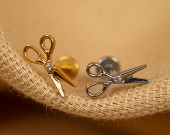Pendientes de tijera de 16 g con cierre plano y rosca - Pendientes de estilista - Piercing para cartílago - Pendiente para hélix - Oro - Plata - LJ28.9