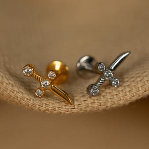 16G CZ Dagger Flat Back Stud - Screw Back Stud - Sword Earrings - Cartilage Piercing - Helix Stud - Gold - Silver - LJ29.31