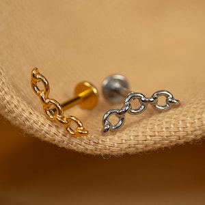 16G Chain Link Flat Back Stud - Screw Back Stud - Cuban Chain Earrings - Cartilage Piercing - Helix Stud - Gold - Silver - LJ28.7