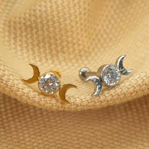 20G/18G/16G Double Crescent Moon Bezel Push Pin • Threadless Flat Back Earring • Flat Back Stud • Helix • Cartilage • Titanium LJ26.33