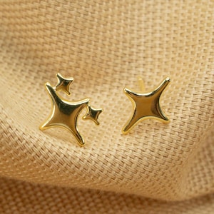 Aretes de estrella de cuatro puntas • Aretes de estrella pequeños • Aretes de luz de estrella combinados • Aretes brillantes • Oro • Plata esterlina LJ25.18