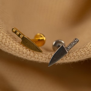 16G Dagger Flat Back Stud - Screw Back Stud - Chef Knife Earrings - Cartilage Piercing - Helix Stud - Gold - Silver - LJ31.4